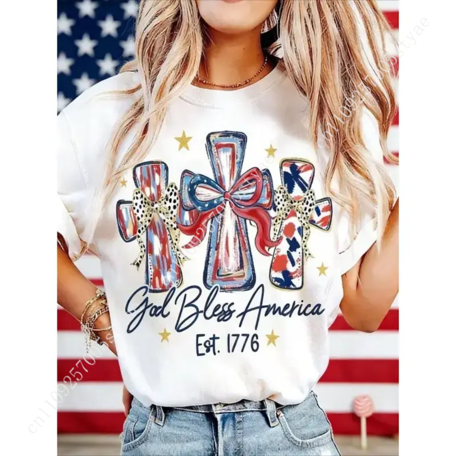 Quilt Cotton Summer - T-shirt da donna God Bless America,